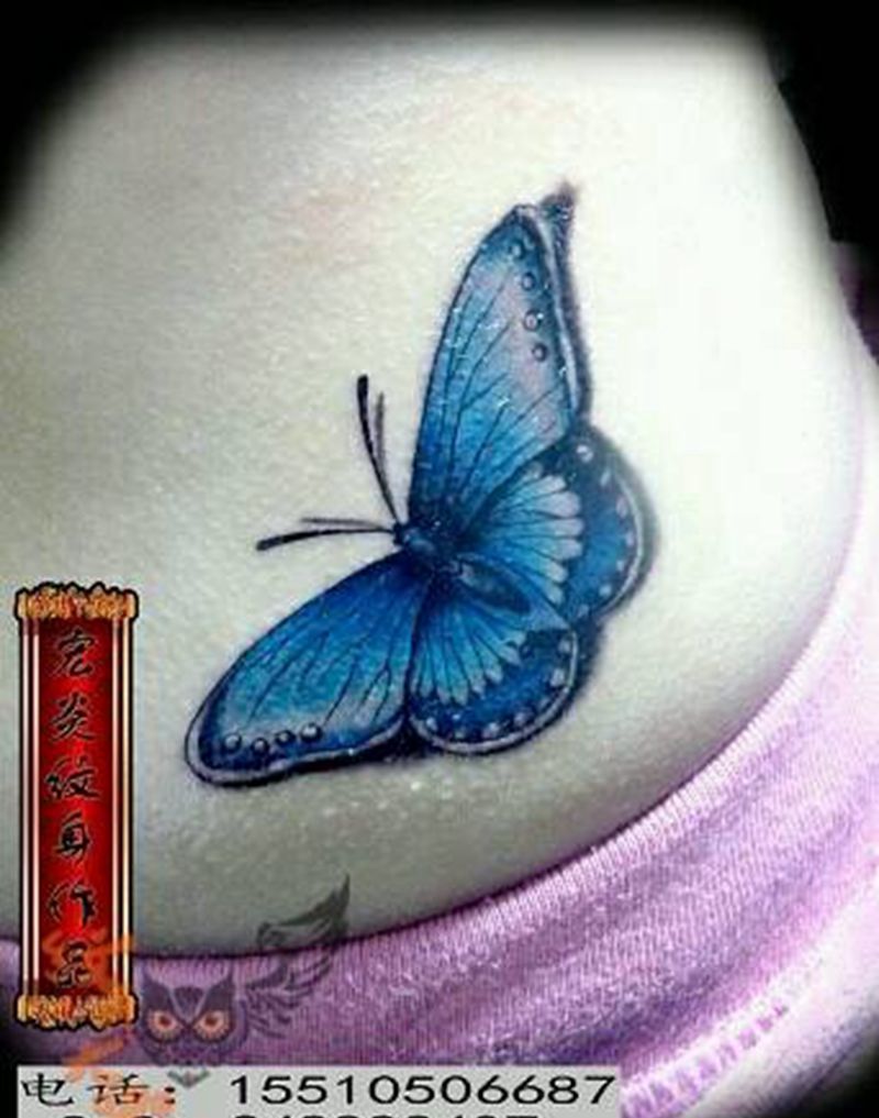 3D蝴蝶纹身图片_腰部清新写实动物纹身图案