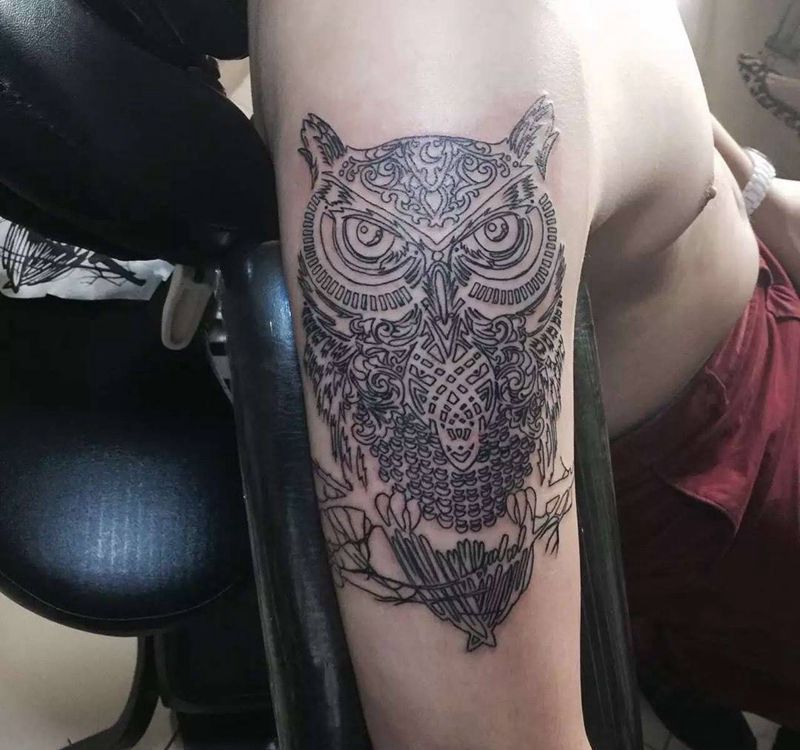 猫头鹰 割线纹身图片_