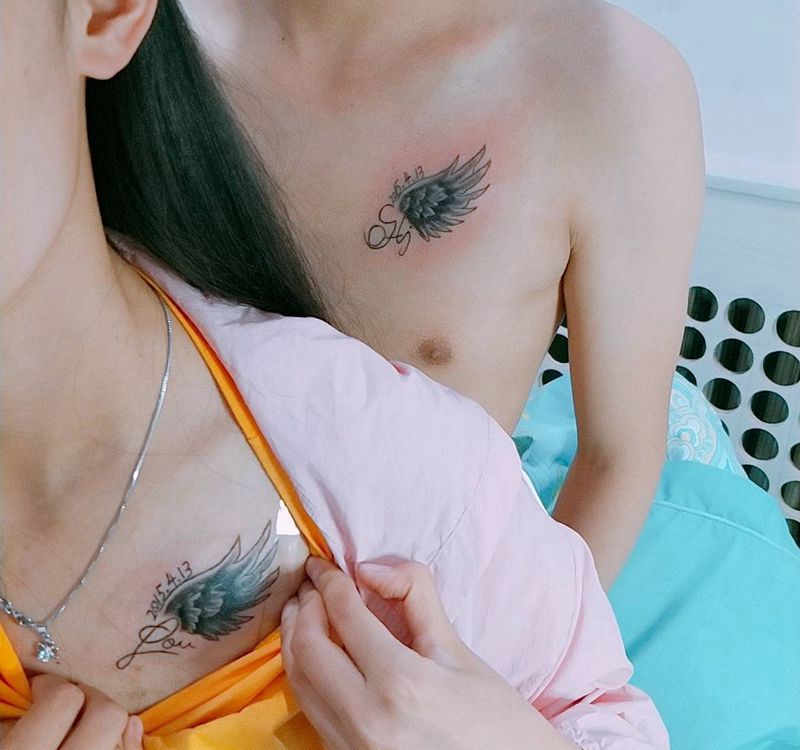 情侣小翅膀纹身图片_颈部情侣翅膀纹身图案