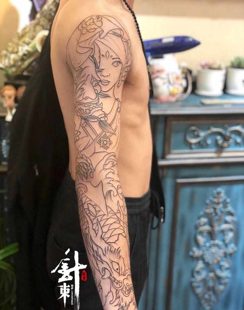 花臂线条纹身图片_