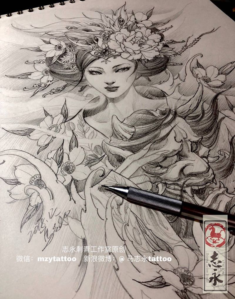 志永刺青工作室原创纹身图片_手臂背部新传统艺伎志永刺青纹身图案
