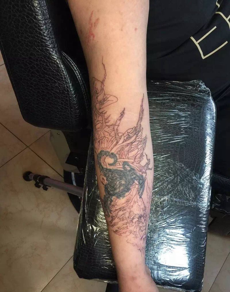 幻梦纹身图片_成品手臂欧美写实原创鬼神人物植物纹身图案