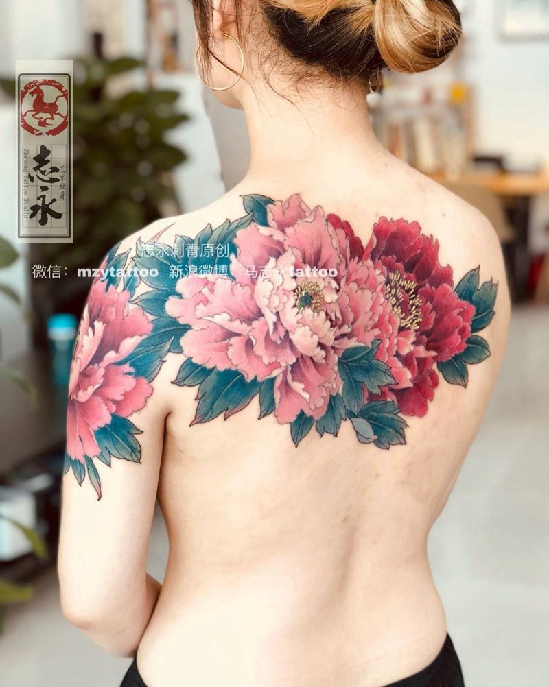 志永刺青牡丹纹身图片_成品背部手臂传统植物原创纹身图案