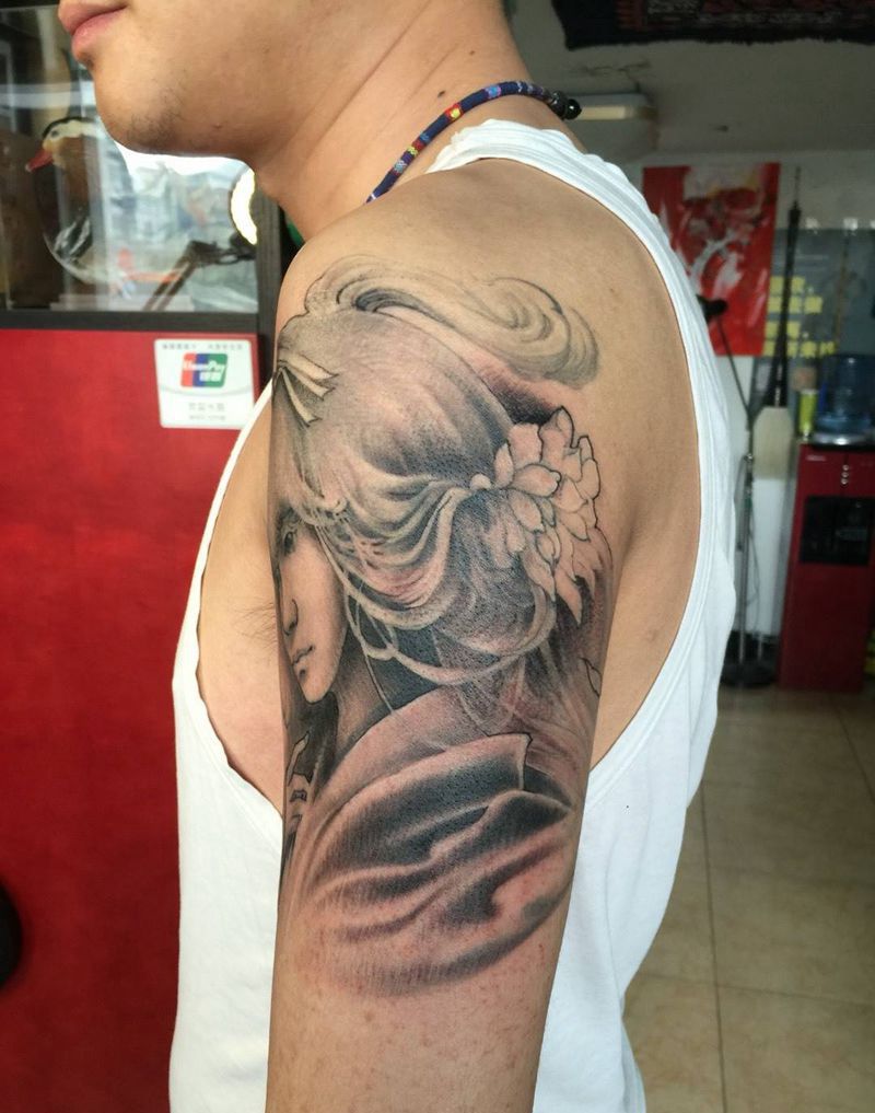 人物纹身图片_成品手臂肩部欧美国画写实肖像传统原创纹身图案