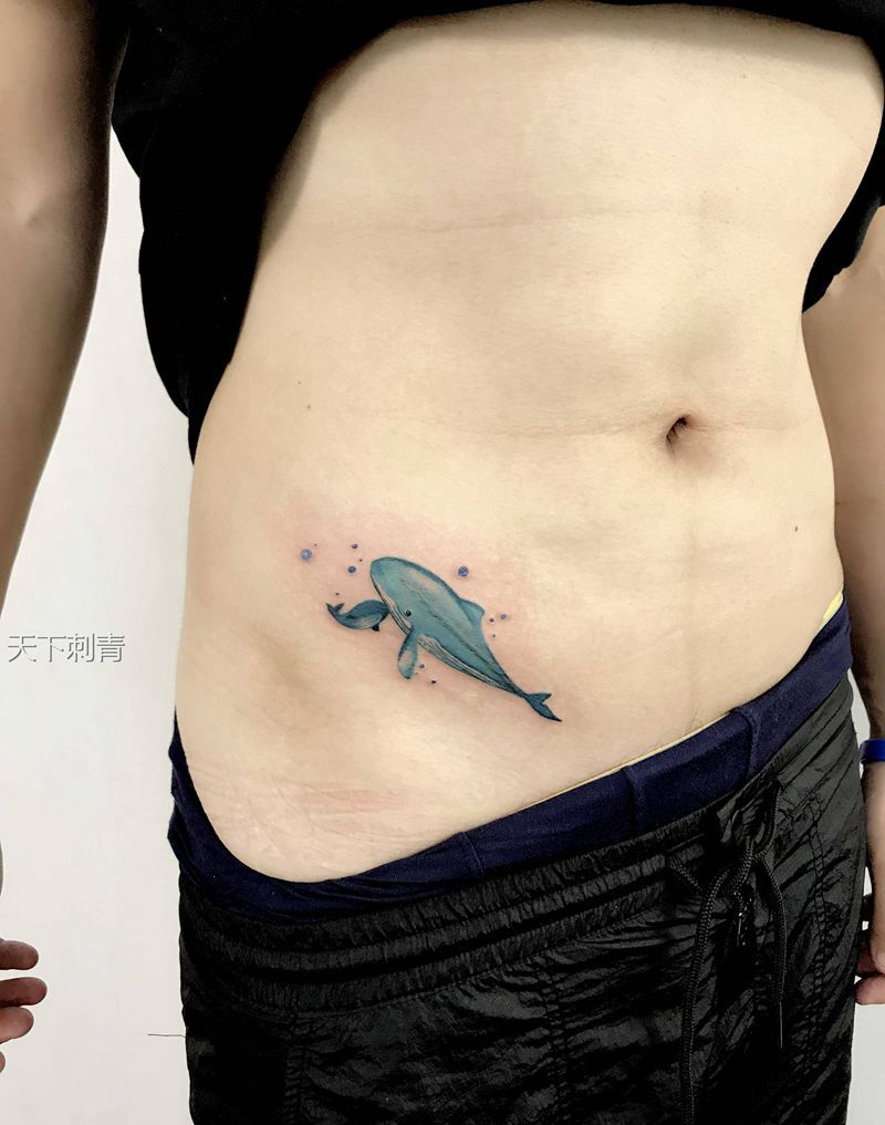 鲸鱼纹身遮盖疤痕纹身图片_腹部水彩鲸鱼纹身遮盖疤痕纹身图案