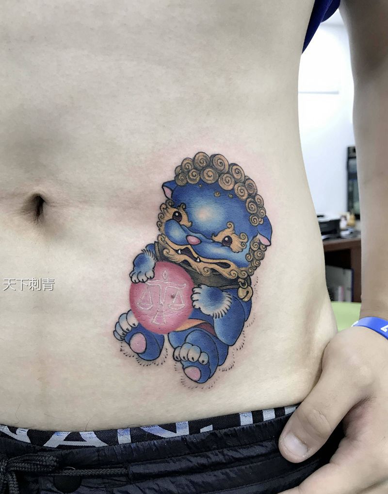 唐狮子纹身纹身图片_腹部新传统纹身图案