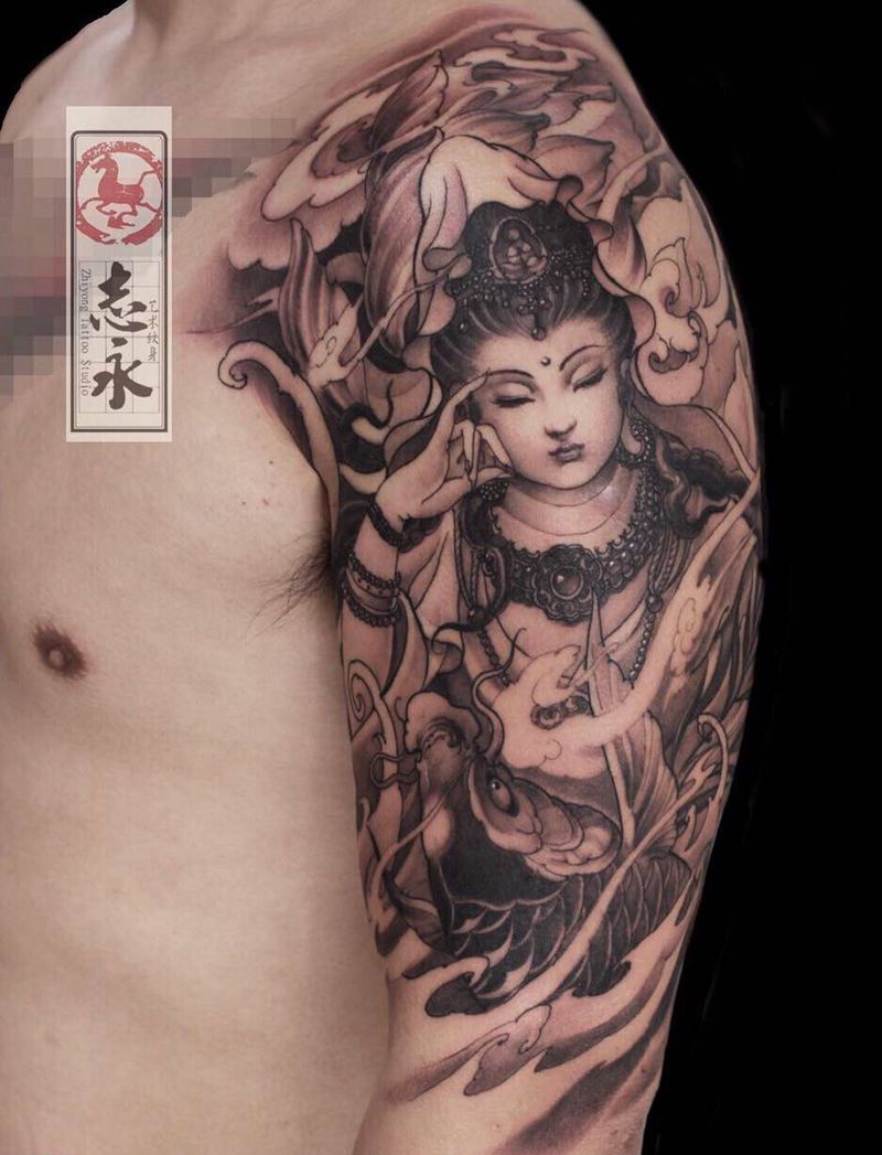 上臂观音纹身图片_手臂新传统观音原创纹身图案