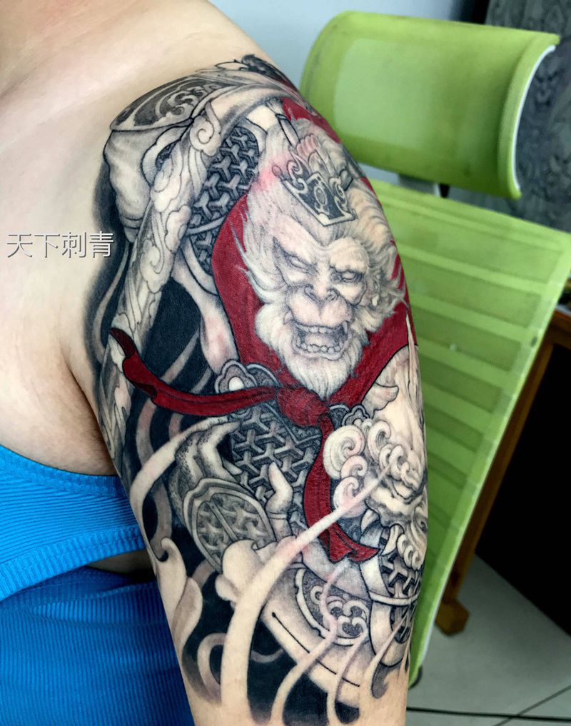 齐天大圣，未完成纹身图片_手臂肩部新传统齐天大圣悟空美猴王纹身图案