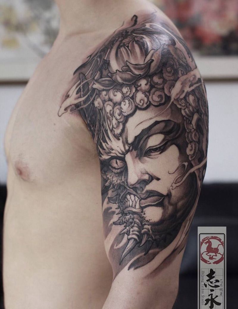 志永刺青原创佛与魔纹身图片_手臂新传统志永刺青佛与魔纹身图案