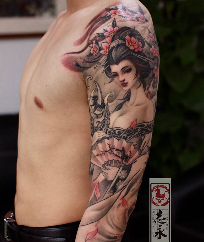 志永刺青原创艺伎纹身图片_手臂新传统艺伎纹身图案