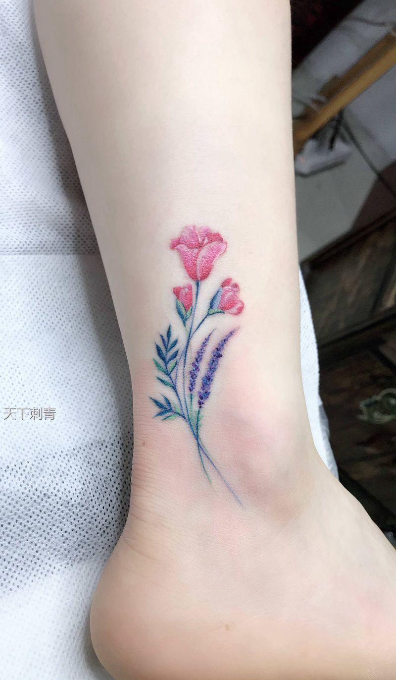 脚腕彩花纹身纹身图片_脚部水彩脚腕小清新花纹身图案