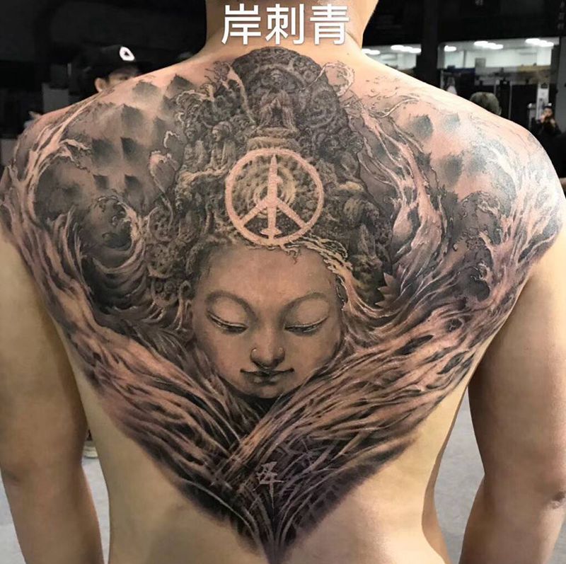 佛佑众生纹身图片_背部水墨水彩纹身图案