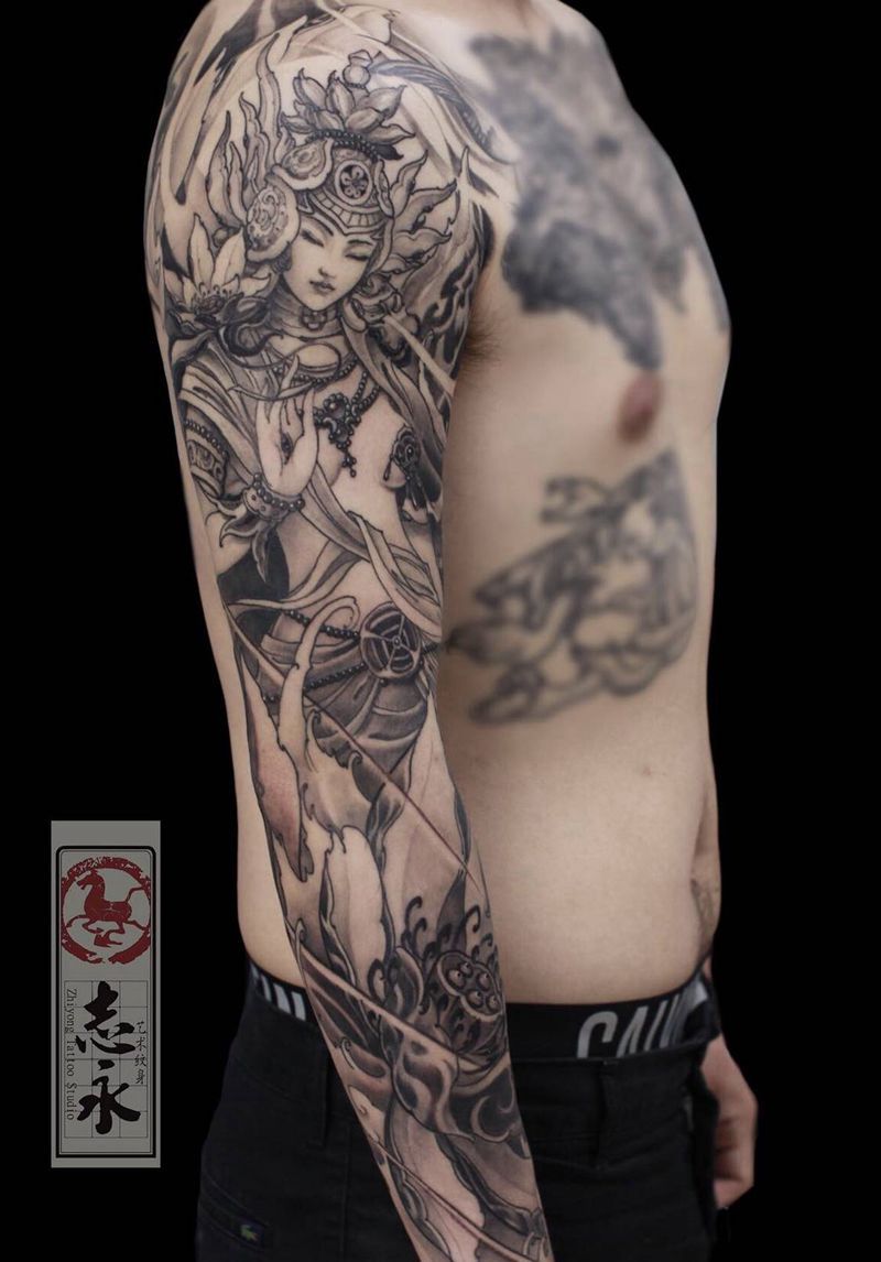 志永刺青原创度母整臂纹身图片_手臂新传统度母纹身图案