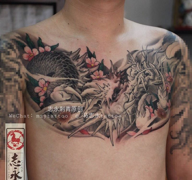 志永刺青原创胸口龙樱花纹身图片_成品胸部传统纹身志永刺青北京纹身 文身原创纹身图案