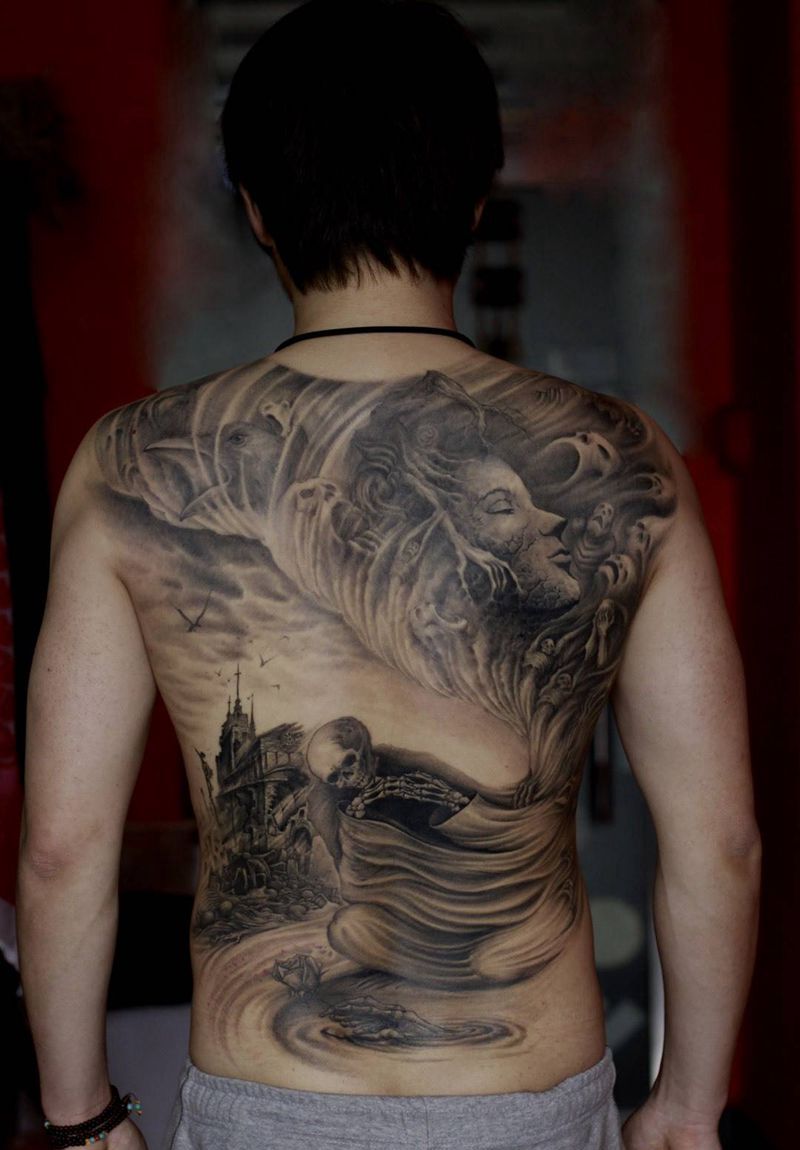 岸黑世界纹身图片_成品原创鬼神背部欧美写实纹身图案
