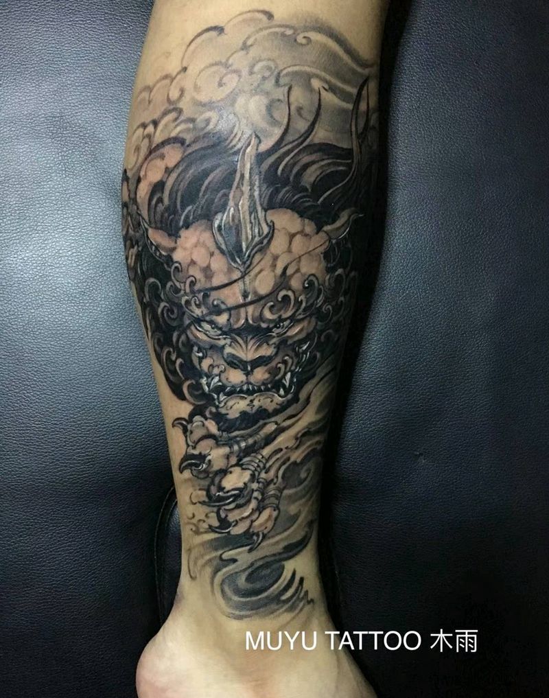 唐狮纹身图片_腿部传统动物成品纹身图案