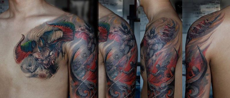 地狱的呼吸纹身图片_原创鬼神欧美写实手臂胸部成品纹身图案