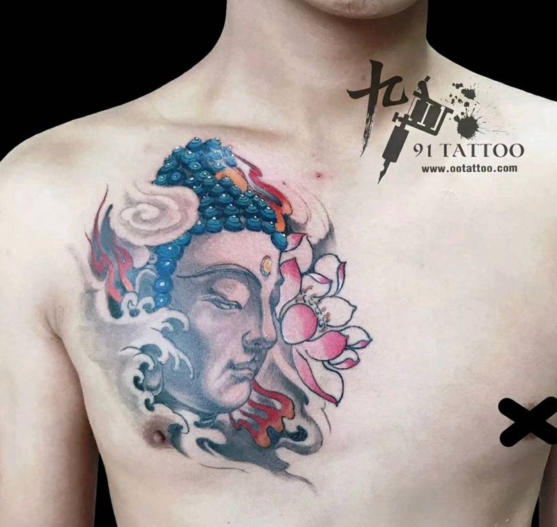 佛首纹身图片_胸部传统宗教成品纹身图案