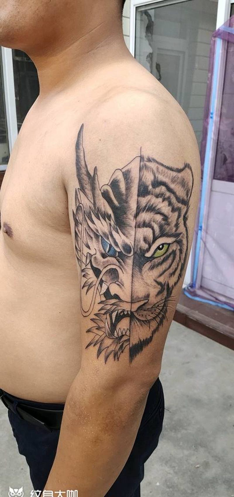 龙腾虎跃纹身图片_肩部新传统纹身图案