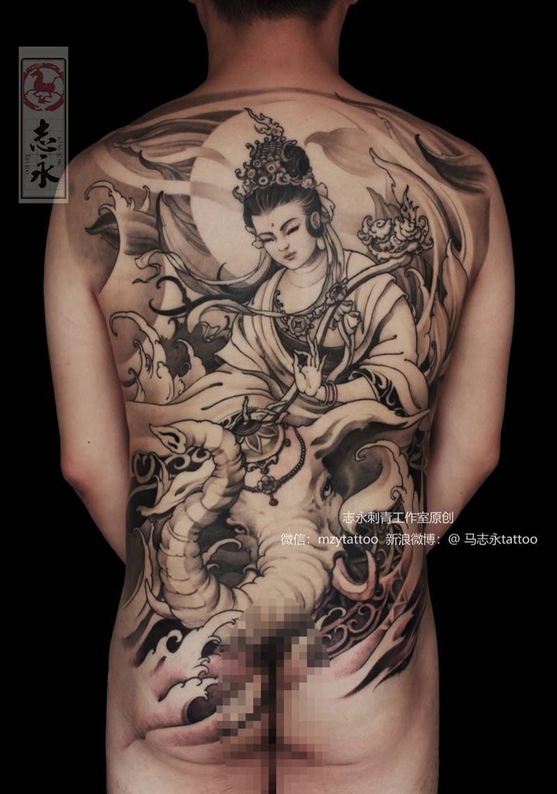 志永刺青工作室原创菩萨纹身图片_背部新传统菩萨志永刺青原创设计纹身图案