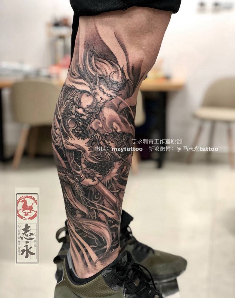 志永刺青工作室原创悟空纹身图片_腿部新传统孙悟空斗战圣佛原创纹身图案