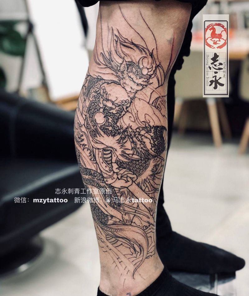 志永刺青工作室原创悟空纹身图片_腿部新传统志永刺青悟空原创设计纹身图案