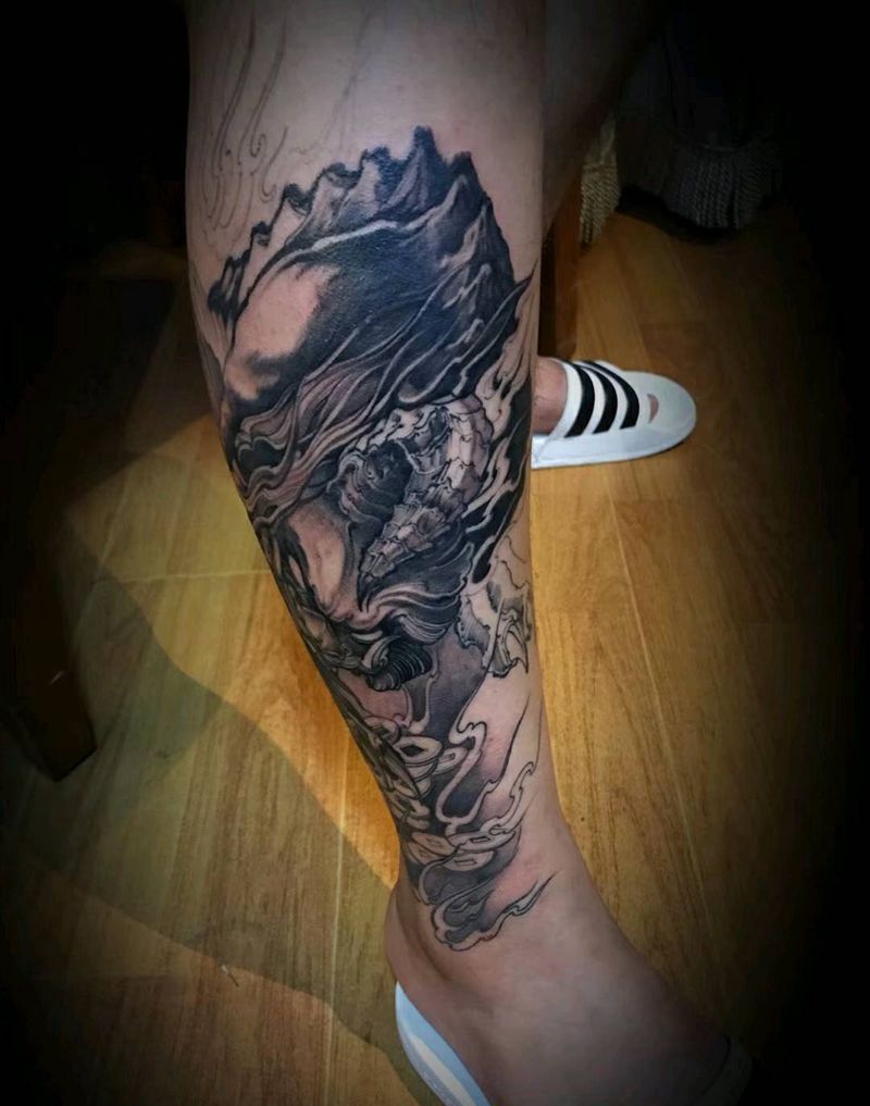 貔貅纹身图片_腿部传统动物成品纹身图案