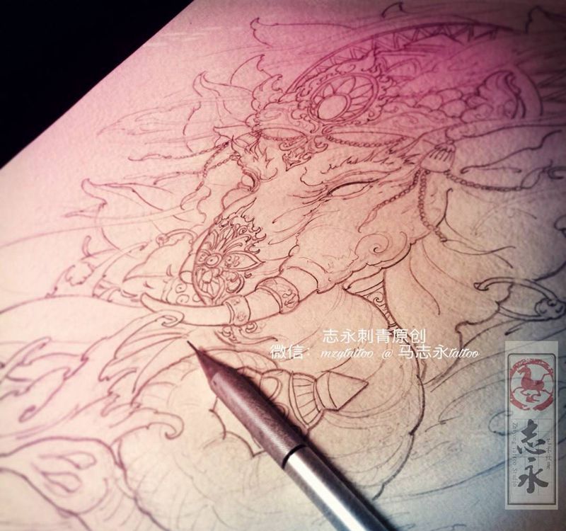 志永刺青原创象神纹身图片_手稿手臂背部腿部传统鬼神原创纹身志永刺青北京纹身纹身图案