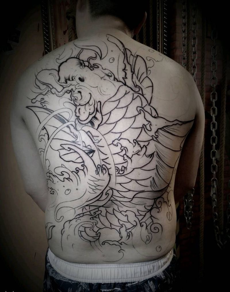 传统鱼线条纹身图片_