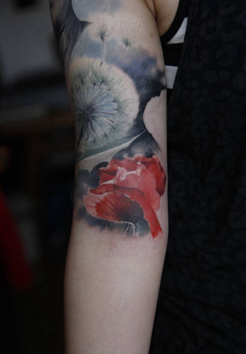 罂粟花纹身图片_成品原创植物欧美写实手臂纹身图案