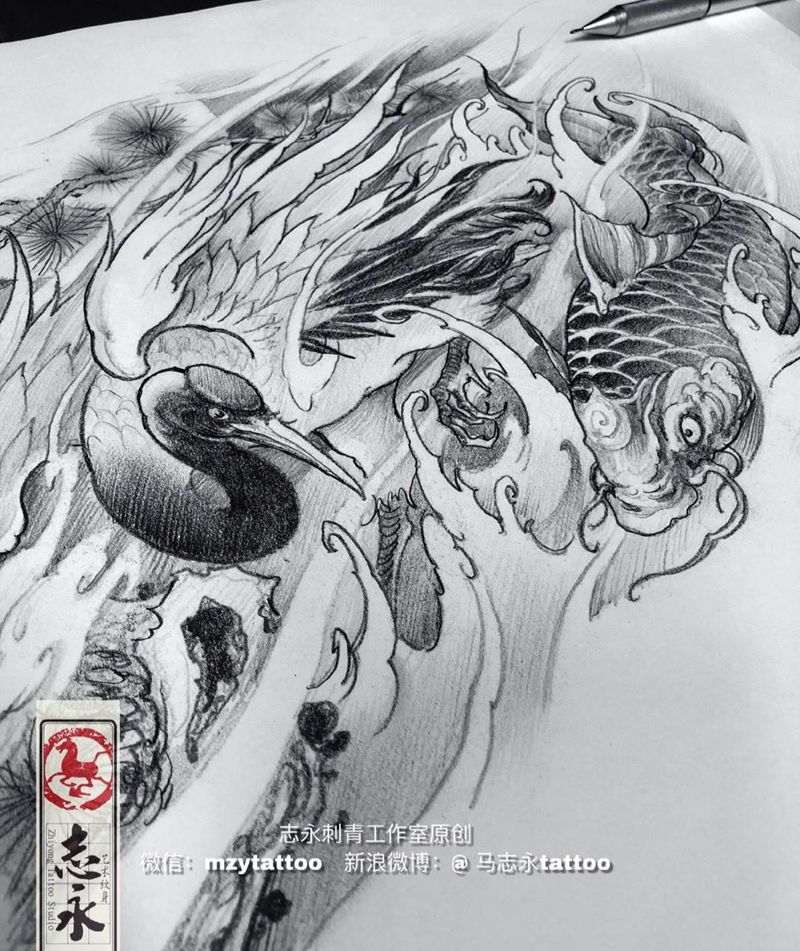 志永刺青原创仙鹤鲤鱼纹身图片_背部新传统仙鹤鲤鱼原创纹身图案