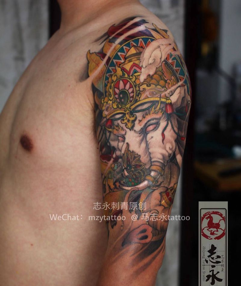 志永刺青原创象神纹身图片_成品手臂传统原创纹身志永刺青北京纹身 文身纹身图案
