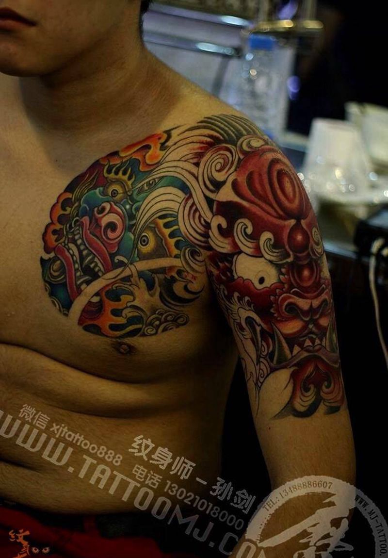 半甲作品：唐狮与黑天纹身图片_