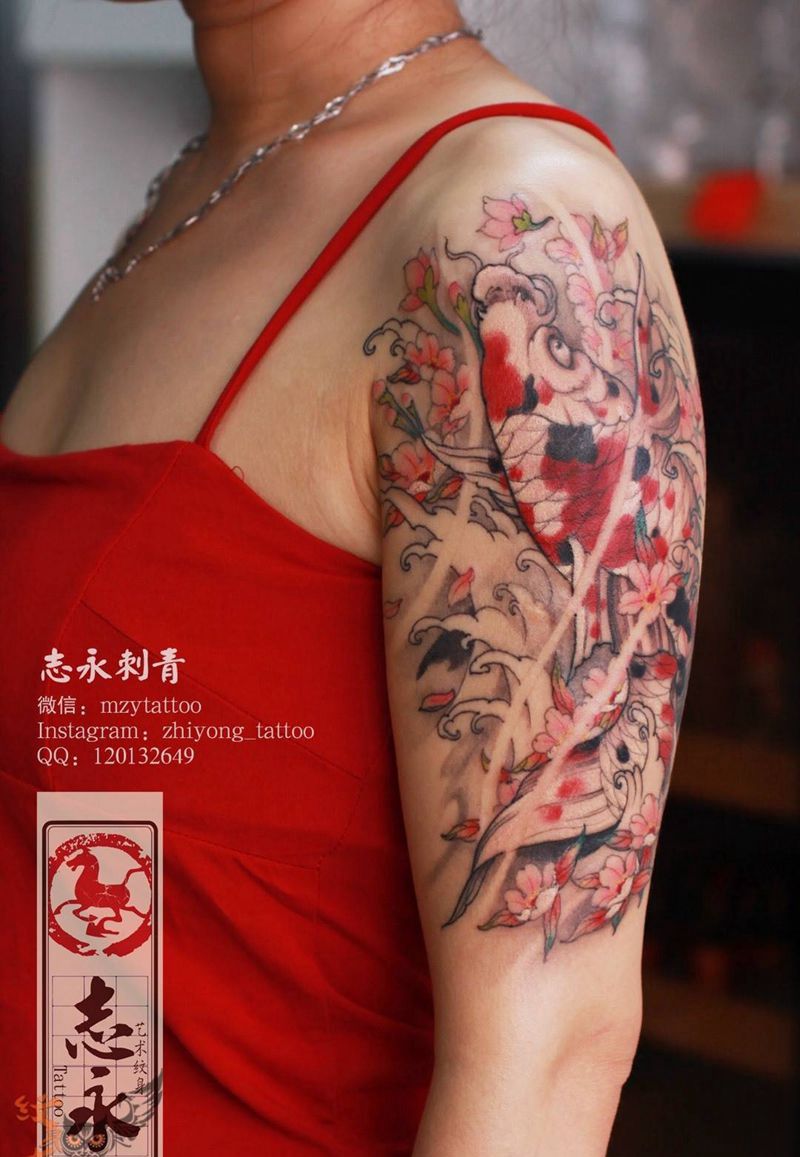 鲤鱼樱花纹身图片_手臂成品传统动物原创北京纹身纹身文身纹身图案
