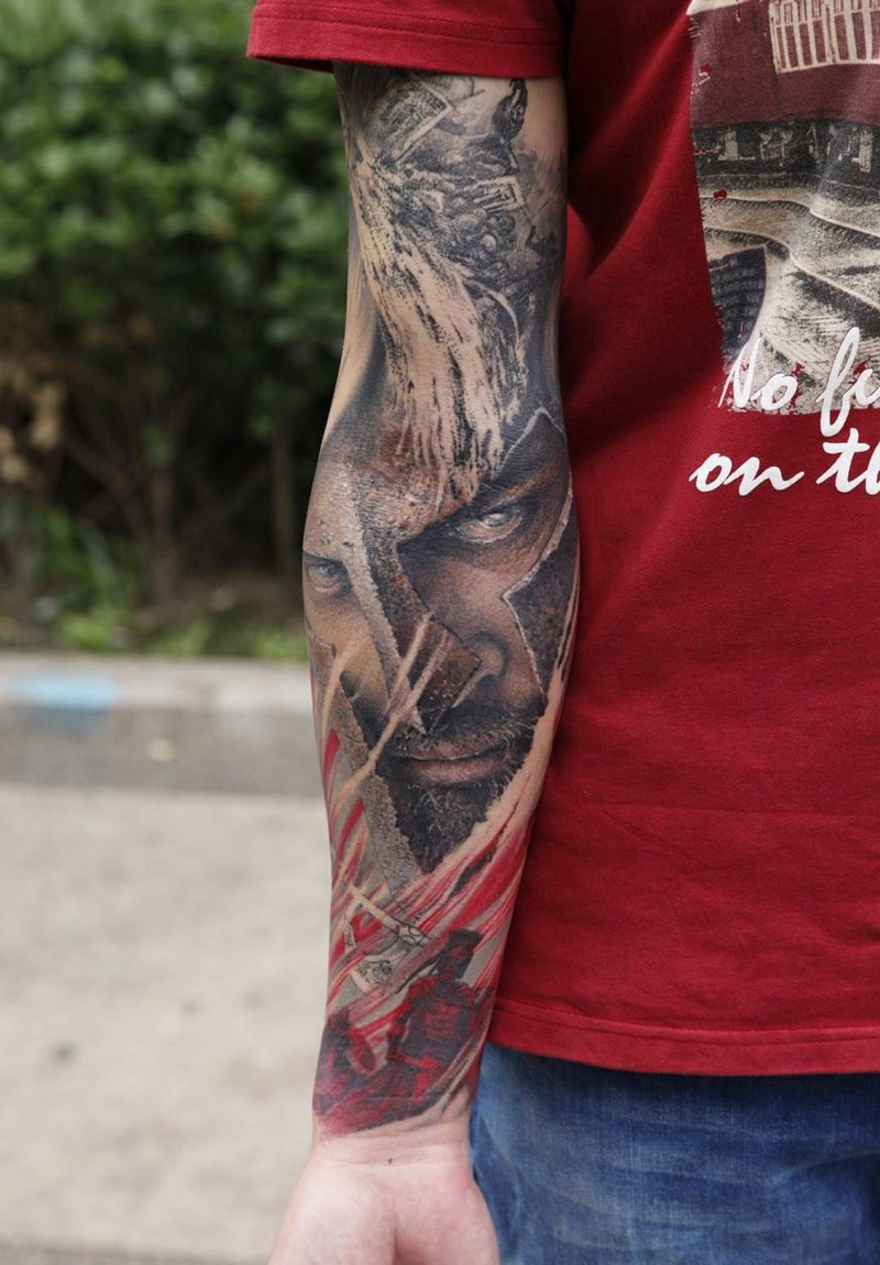 武士之魂纹身图片_手臂成品欧美人物原创纹身图案