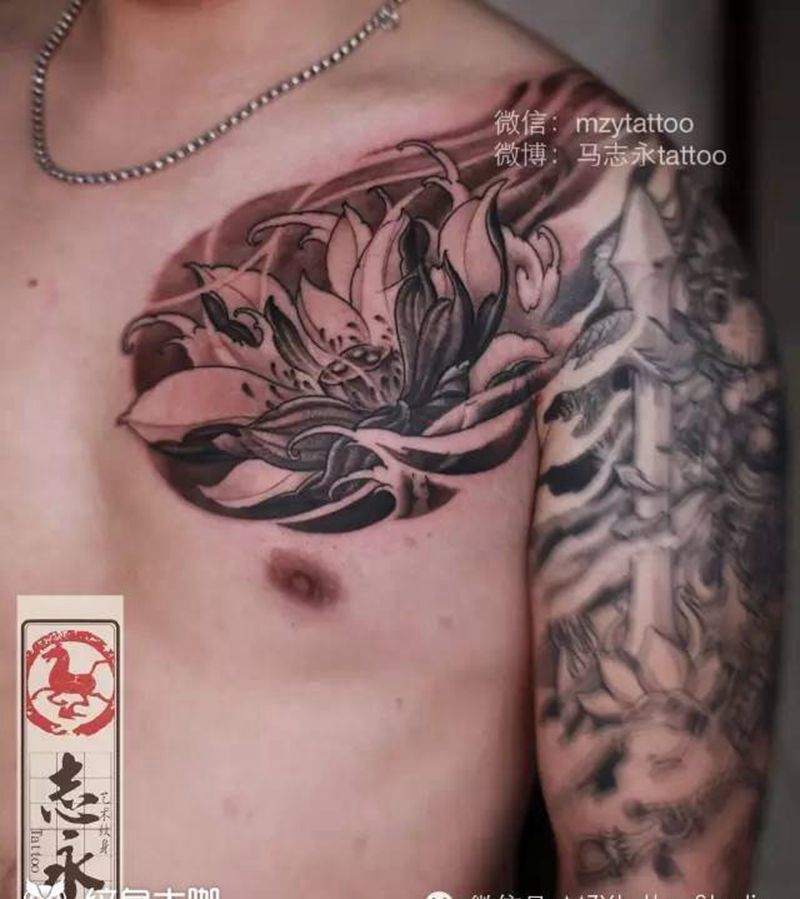 志永刺青原创接半甲莲花纹身图片_成品胸部传统植物北京纹身纹身文身原创志永刺青纹身图案