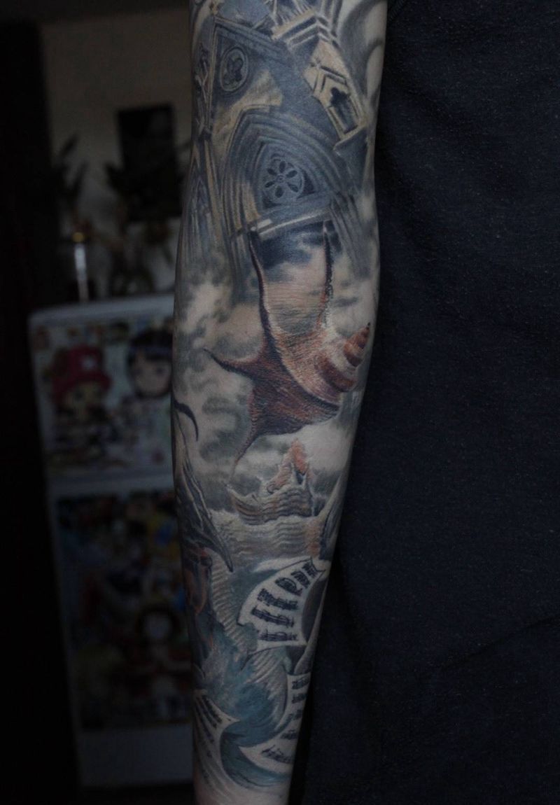 海螺系列纹身图片_成品原创动物欧美写实手臂纹身图案