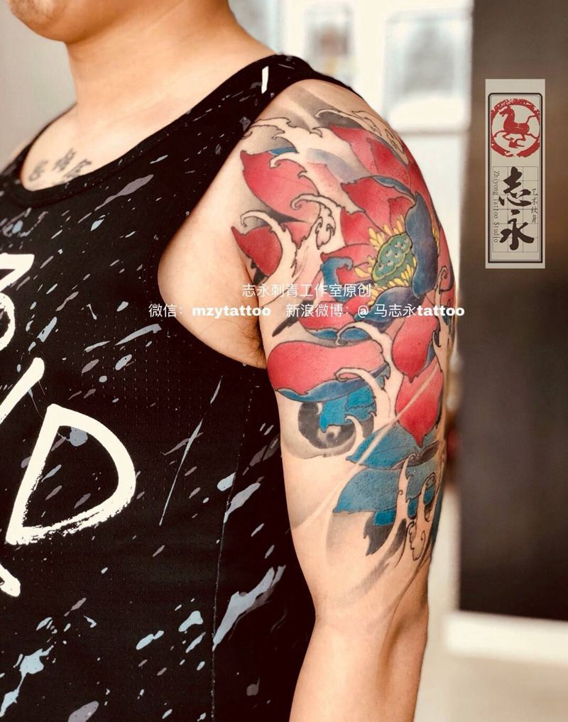 莲花纹身图片_手臂新传统原创志永刺青北京纹身纹身图案