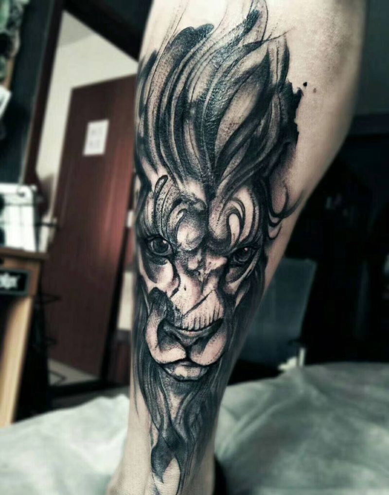狮子纹身图片_水墨纹身图案