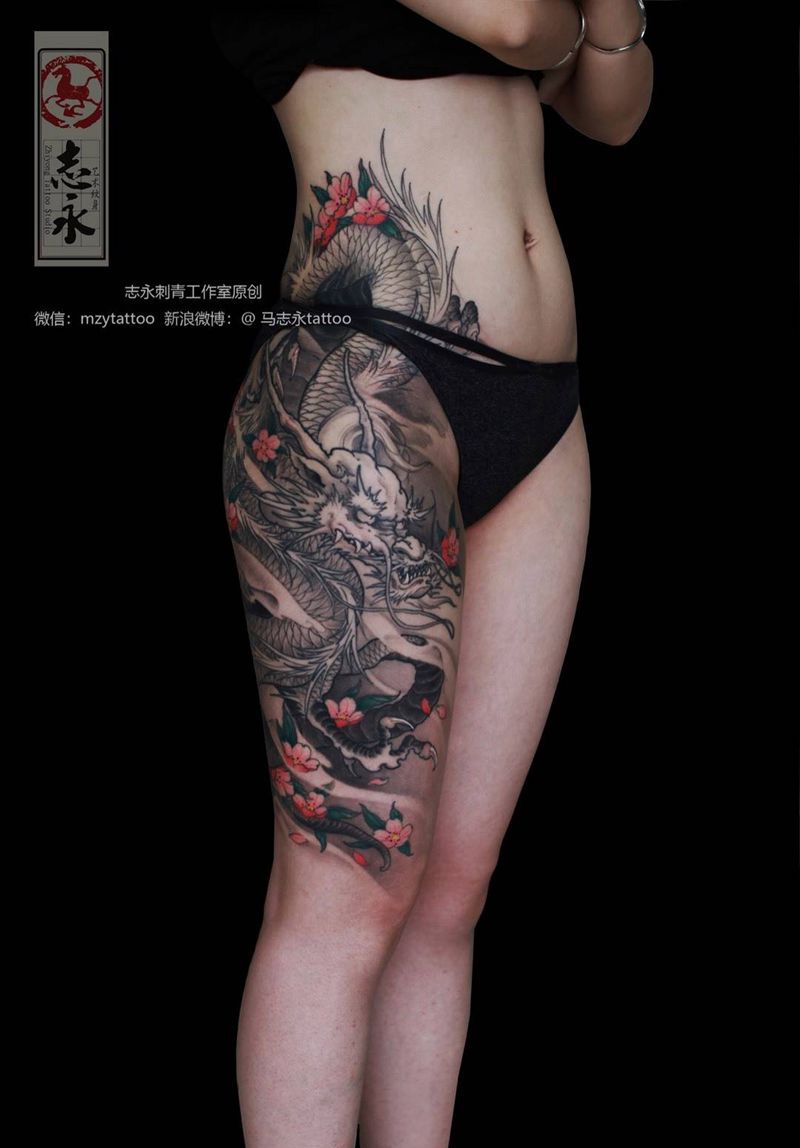 志永刺青工作室原创纹身图片_腿部新传统龙遮盖纹身原创设计纹身图案