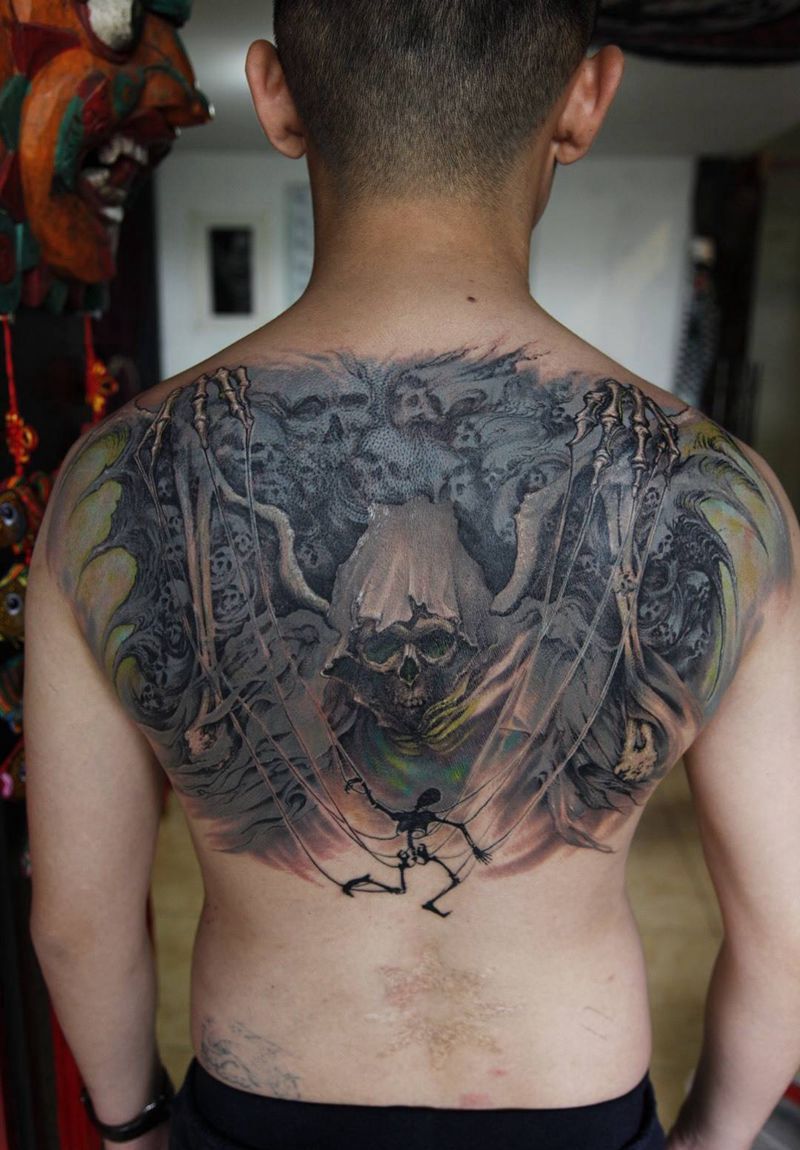 旧纹身遮盖纹身图片_成品背部欧美鬼神原创宗教写实纹身图案