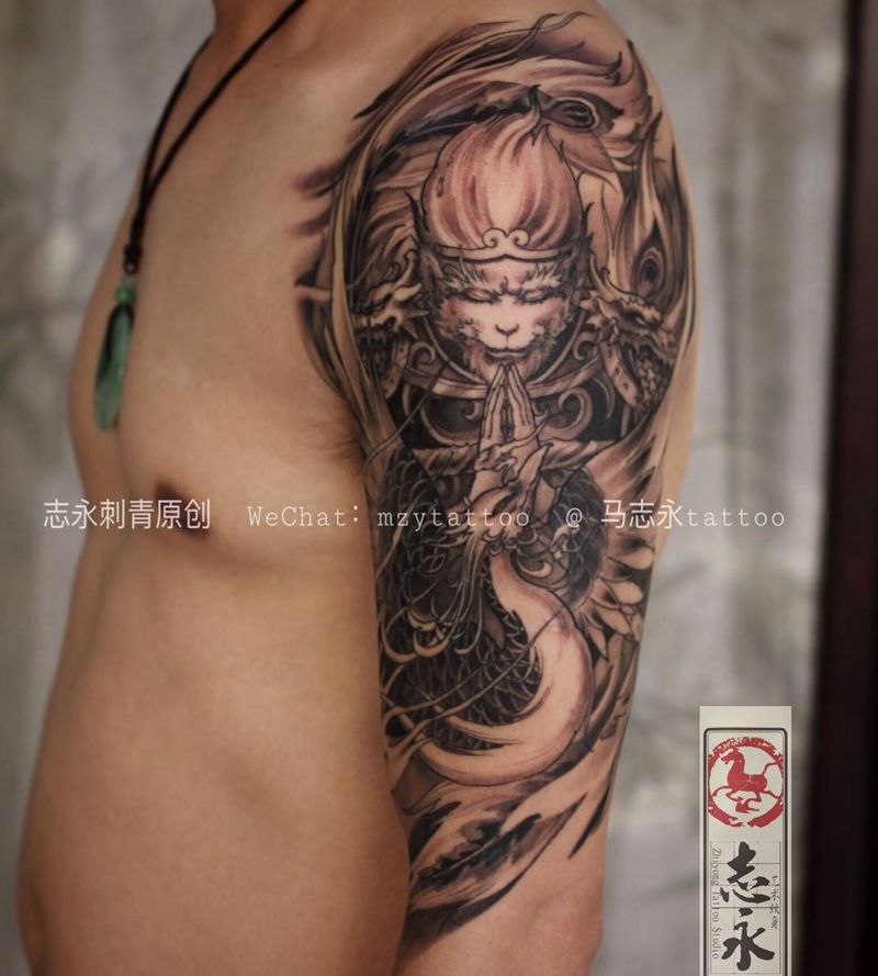 志永刺青原创悟空凤凰纹身图片_成品手臂传统鬼神原创纹身志永刺青北京纹身 文身纹身图案