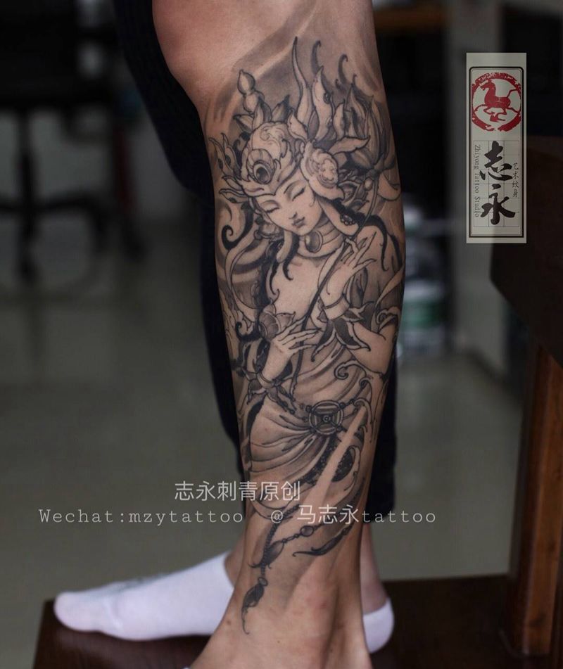 志永刺青原创度母纹身图片_成品腿部传统原创纹身志永刺青北京纹身 文身纹身图案