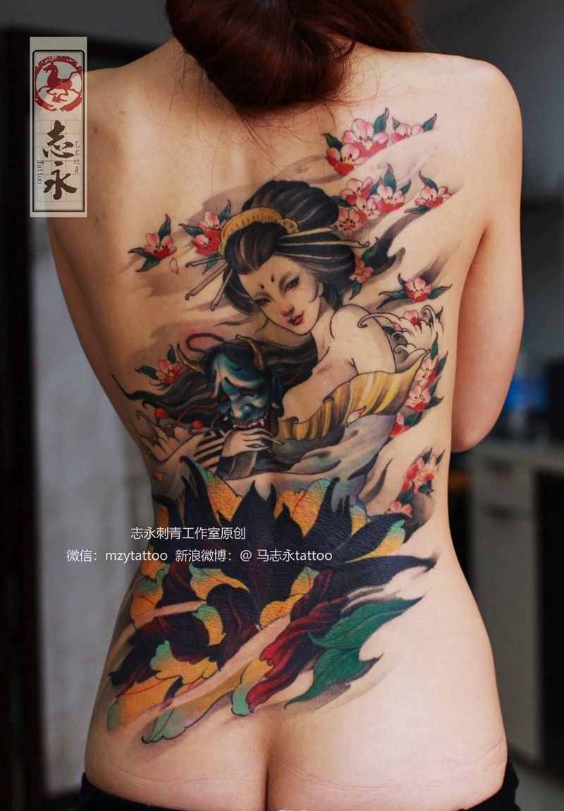 志永刺青工作室原创艺伎纹身图片_背部新传统遮盖纹身艺伎原创设计纹身图案