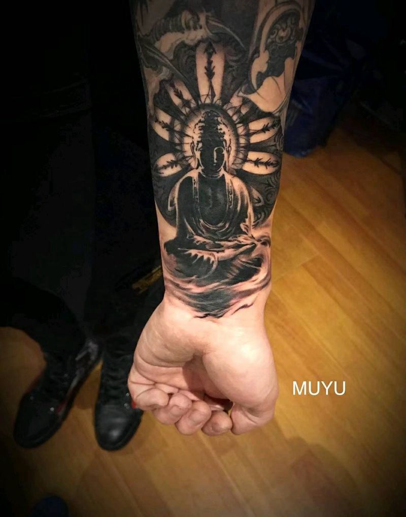 禅定纹身图片_手臂传统国画宗教成品纹身图案