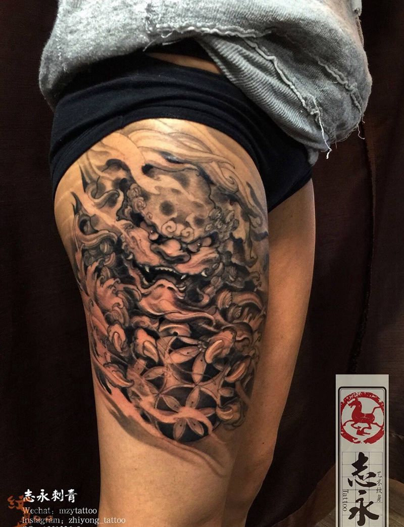 唐狮纹身图片_成品腿部欧美动物原创文身纹身北京纹身纹身图案