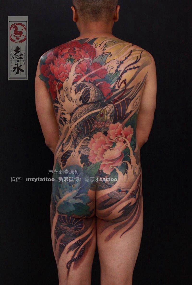 志永刺青原创满背牡丹纹身图片_成品背部传统植物动物原创纹身图案