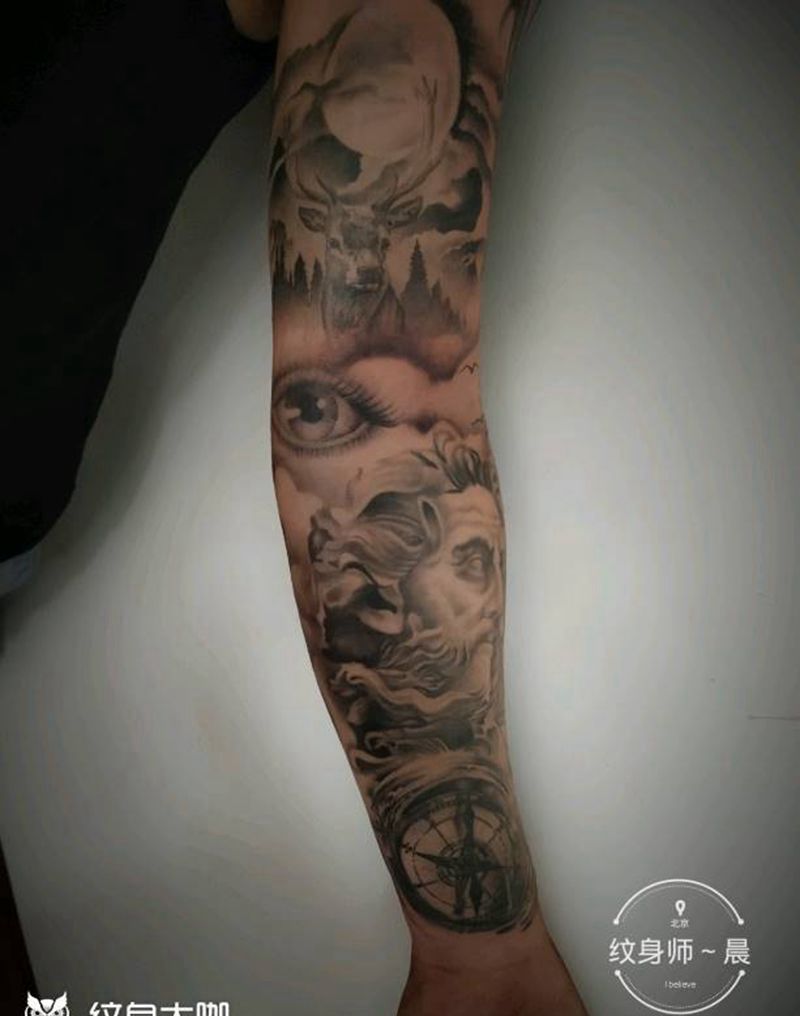 老头儿海神纹身图片_手臂欧美写实纹身图案