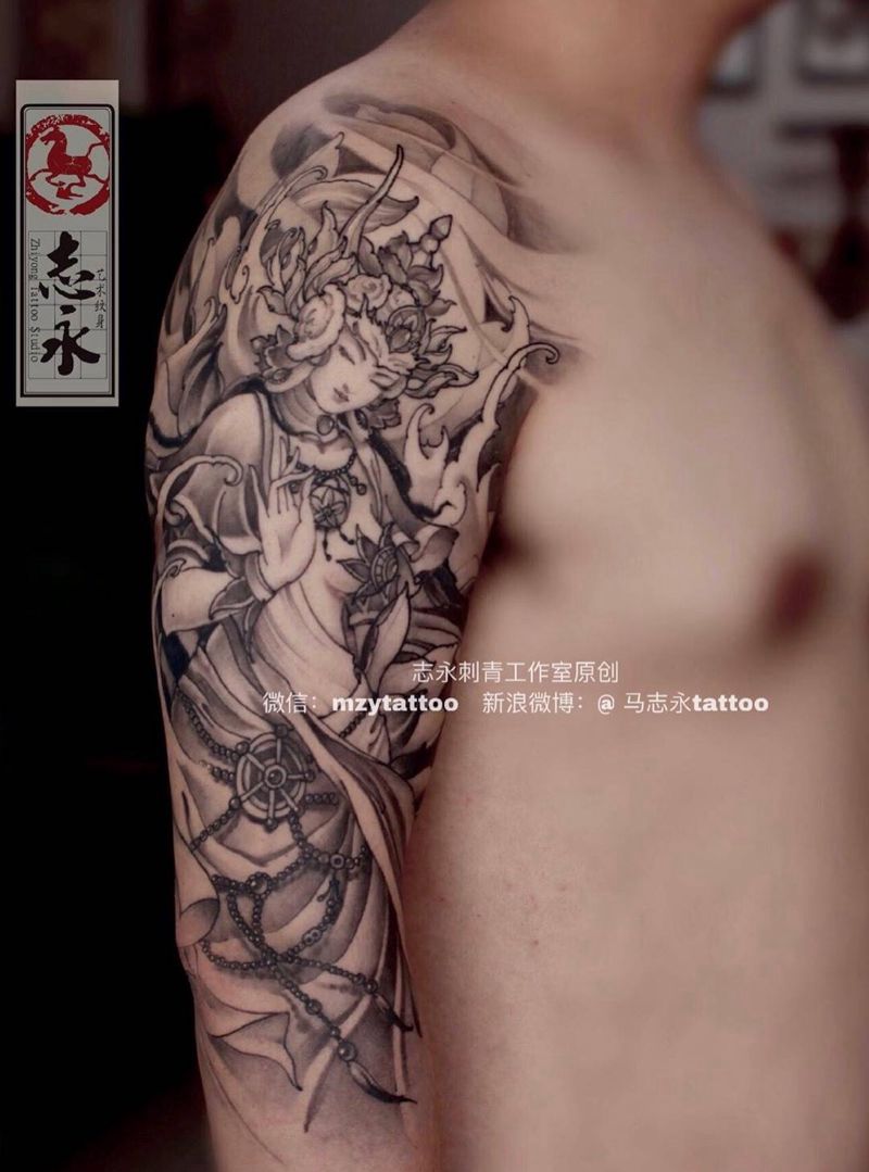 志永刺青工作室原创度母纹身图片_手臂新传统度母原创志永刺青纹身图案