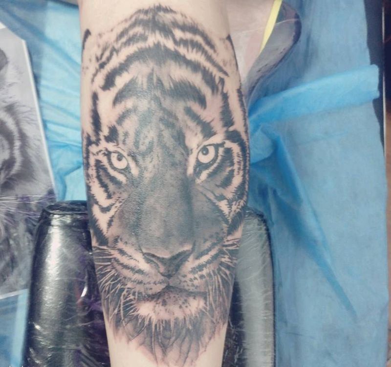 虎纹身图片_腿部欧美动物成品纹身图案
